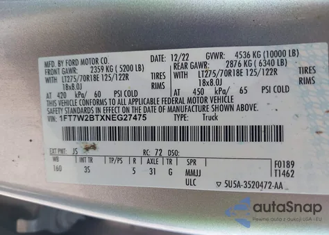 2022 Ford F-250 Xlt из США, поврежденный, VIN 1FT7W2BTXNEG27475